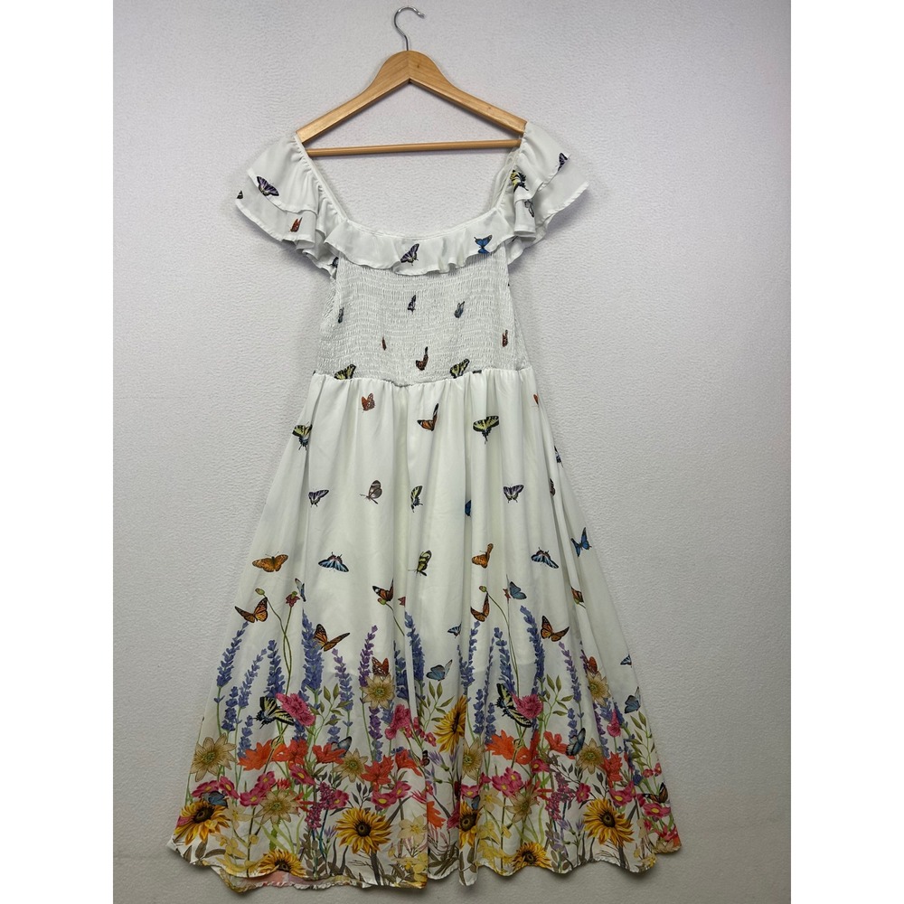 Cottagecore Fairycore SHEIN Curve Womens 0XL White Butterfly Floral Midi Dress